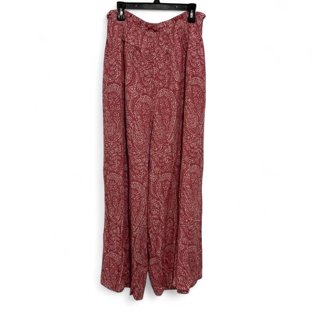 Coral pink and white patterned wide-leg pants  boho paisley and botanical print.